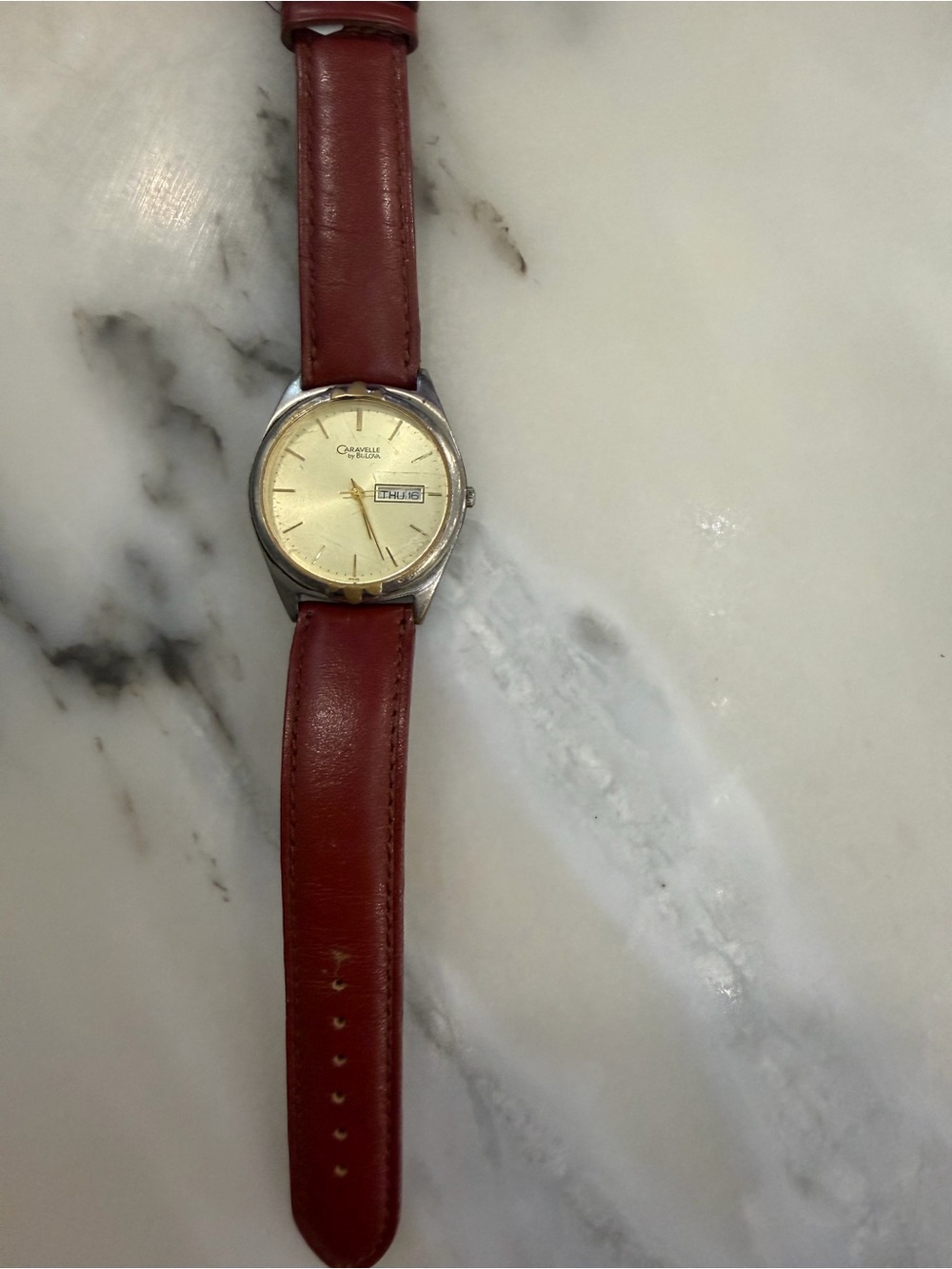Caravelle Men’s Red Leather Strap Watch with Gold Dial